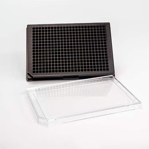 384 wells transparent bottom black plate ,black/clear cover, TC treated sterile