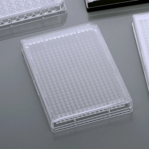 384‑Well Transparent Flat‑Bottom TC‑Treated Microplates with Clear Lid, Sterile